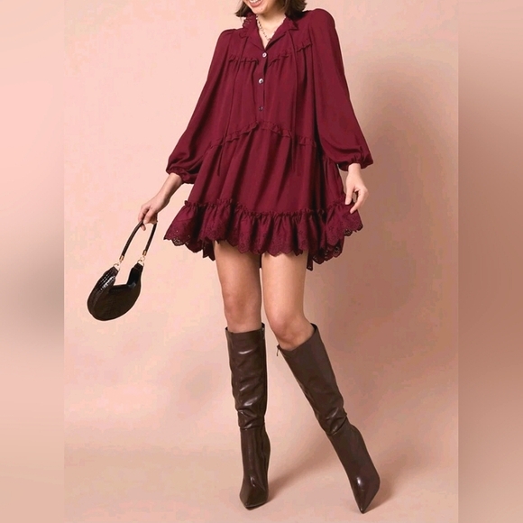 New Boho Eyelet Lace Trim Flowy Smock Dress Burgundy Red - Picture 2 of 10